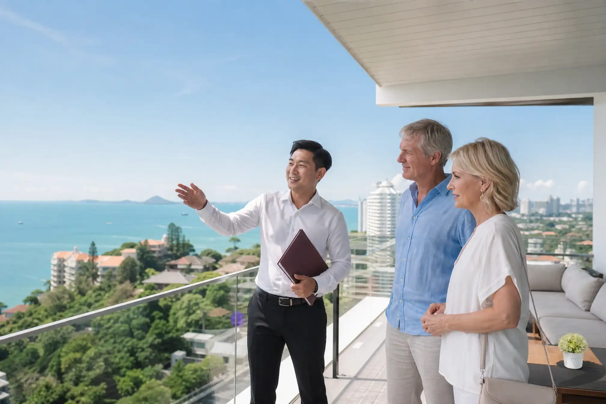 Australian retired couple viewing Thai condo property with adviser