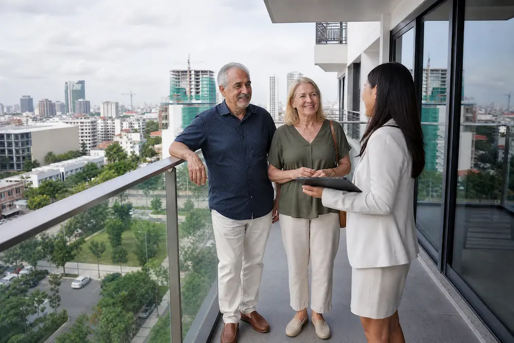 Retired couple viewing Phnom Penh condo Cambodia